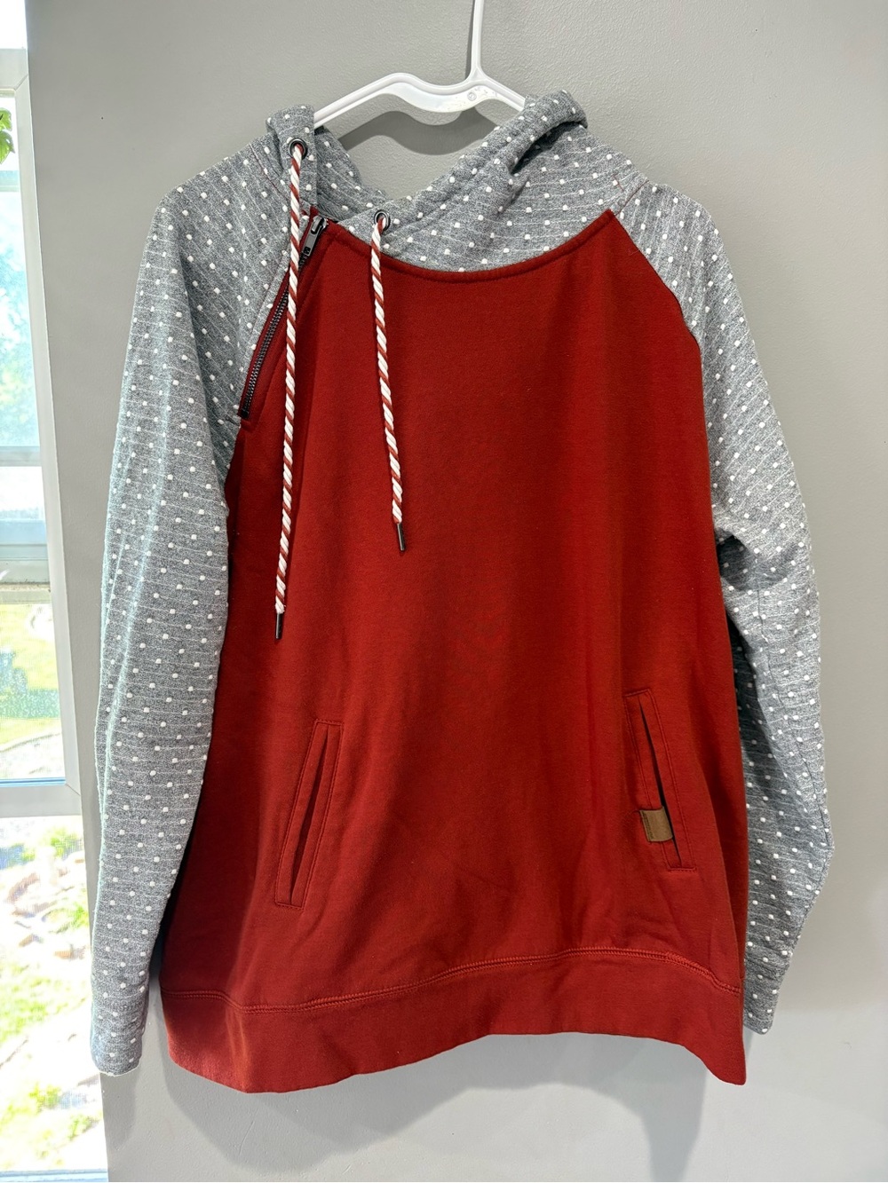 Maurices Red Body with Gray Polka-Dot Sleeve Hooded Pullover